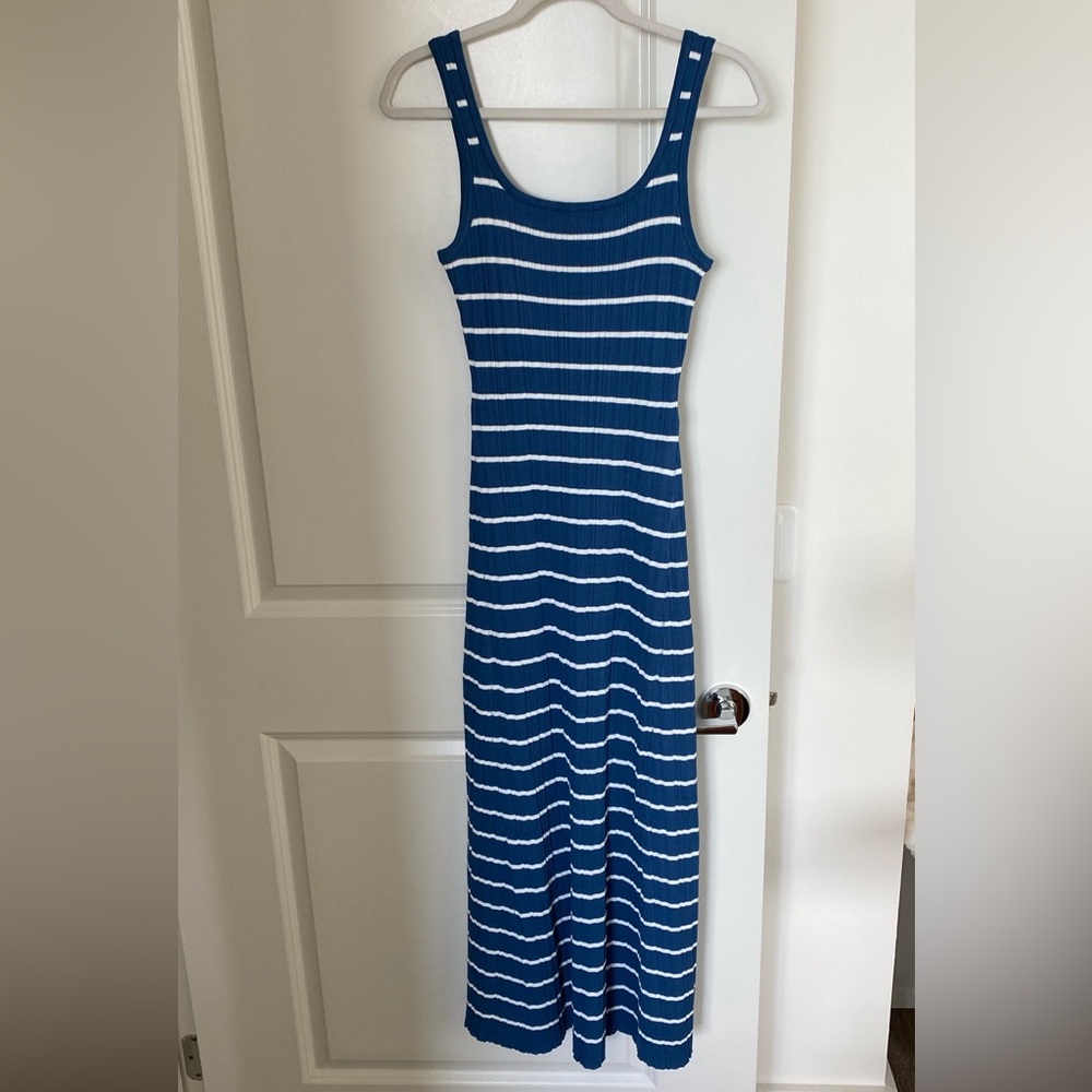 NWT Sleeveless Blue & White Striped Tank Dress Maxi Square Neck Ribbed Knit - Picture 5 of 15